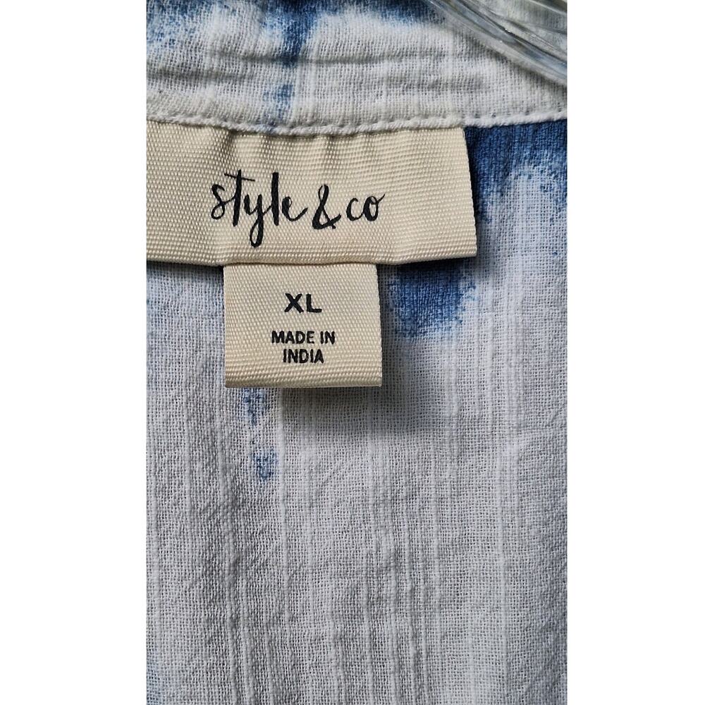 Style & Co Eyelet Pleated Tie Dye 100% Cotton Tank Top Tunic Blue White XL Boho - Picture 2 of 10